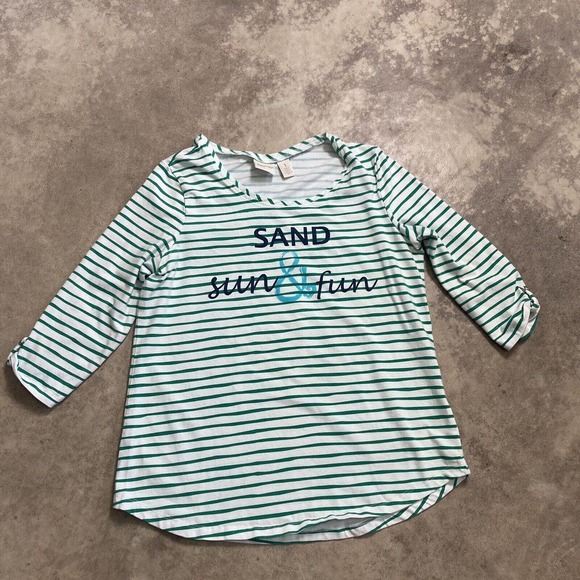 Zenergy by Chicos Shirt Womens‎ Size Medium Striped Sand Sun And Fun Tee - Picture 1 of 11